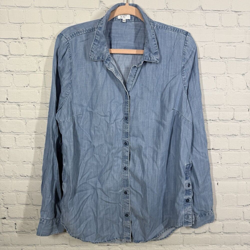 Crown & Ivy Blouse Women Large Chambray Lyocell Denim Button Long Sleeve Top